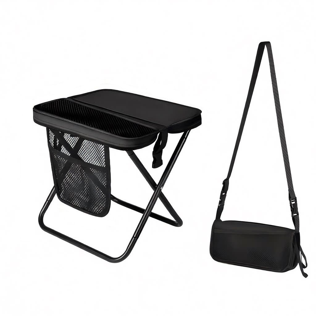 Black Portable foldable stool with a crossbody strap - High Carbon Steel Frame