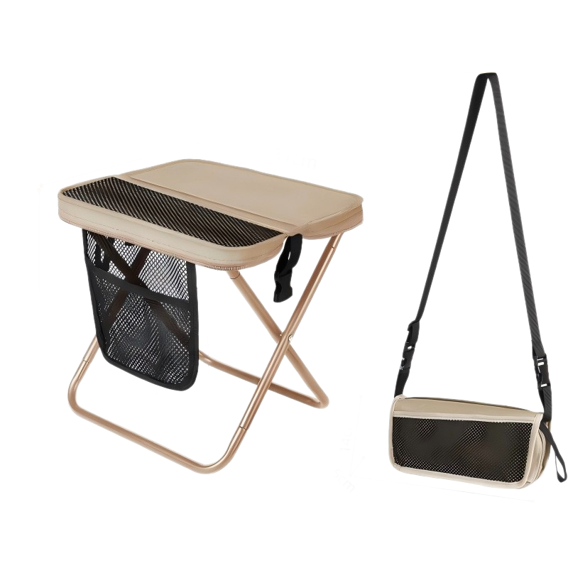 Beige Portable foldable stool with a crossbody strap - High Carbon Steel Frame