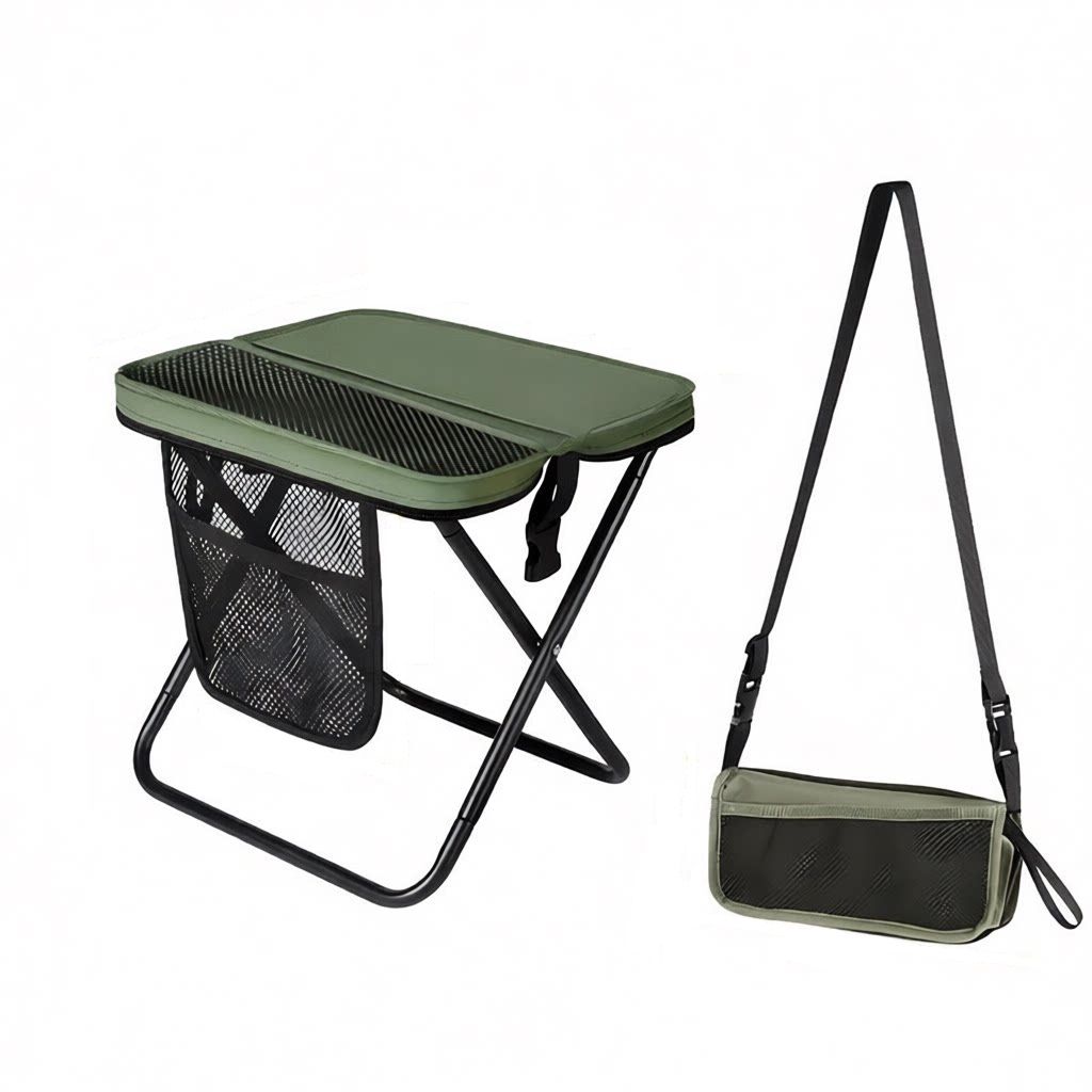 Green Portable foldable stool with a crossbody strap - High Carbon Steel Frame