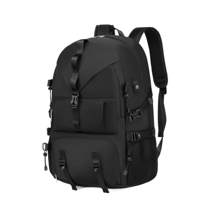 Black Large Capacity Travel Backpack - Waterproof Polyester Hiking Rucksack