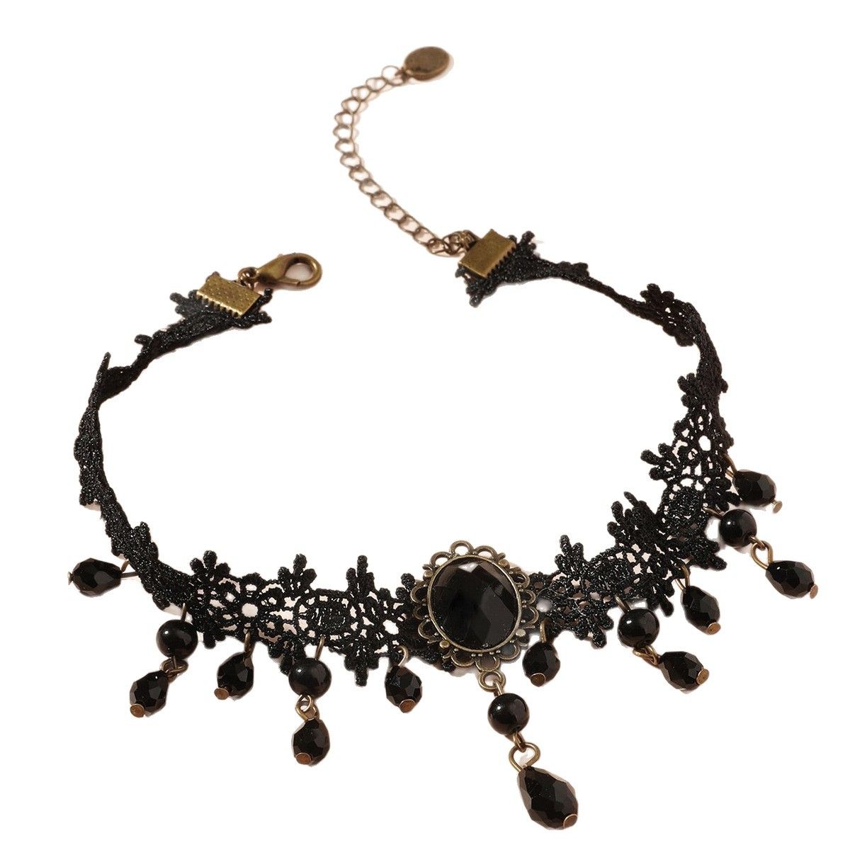 Black Gothic Lace Choker Necklace - Crystal Teardrop Pendant and Adjustable