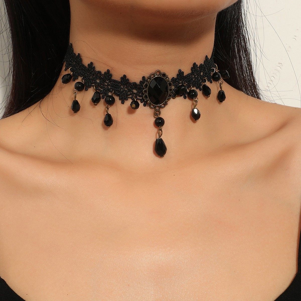 Black Gothic Lace Choker Necklace - Crystal Teardrop Pendant and Adjustable view 3