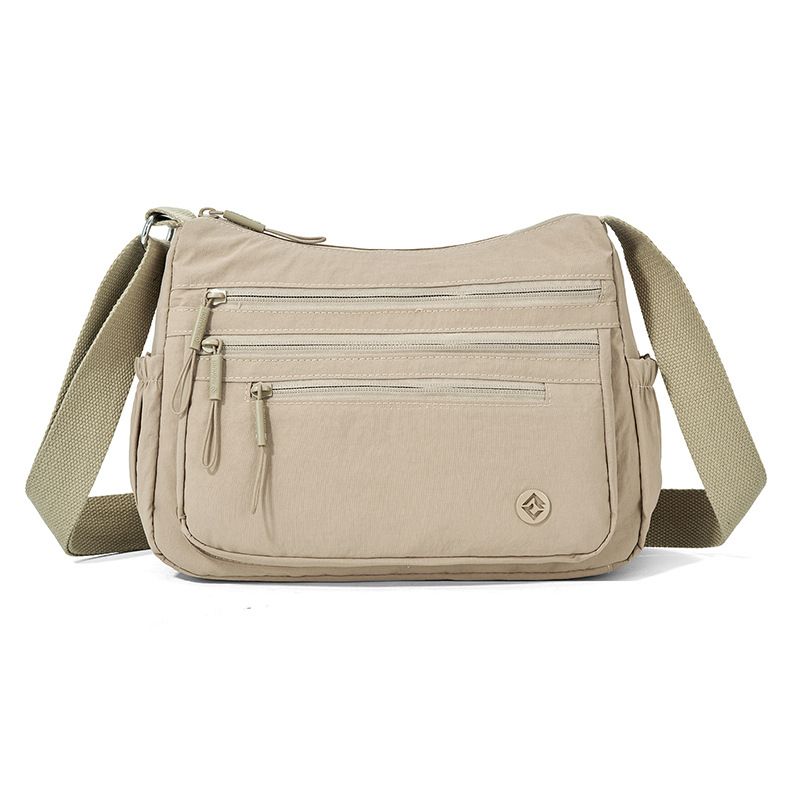 Khaki Lightweight Nylon Crossbody Bag for Women - Multi-Compartment Shoulder