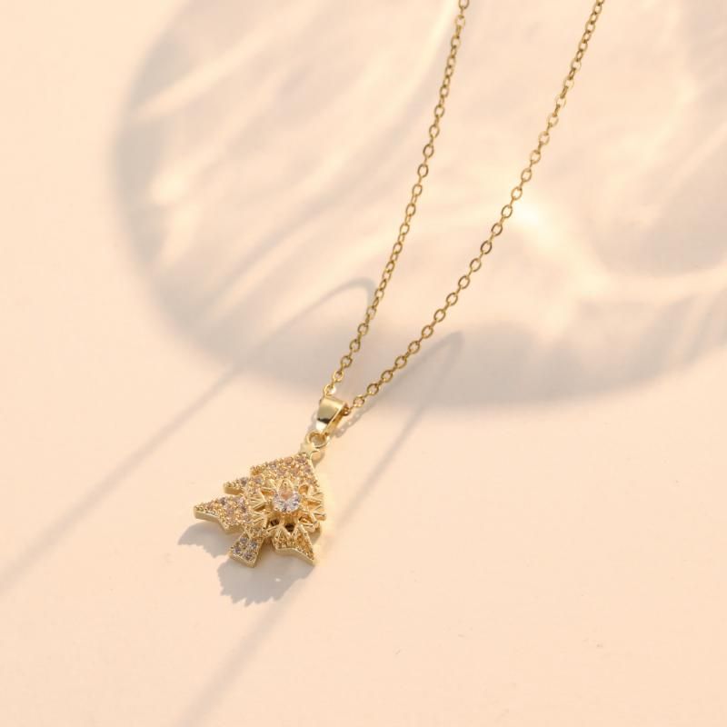 Golden Rotating snowflake Christmas Tree Pendant Necklace - Titanium Steel view 3