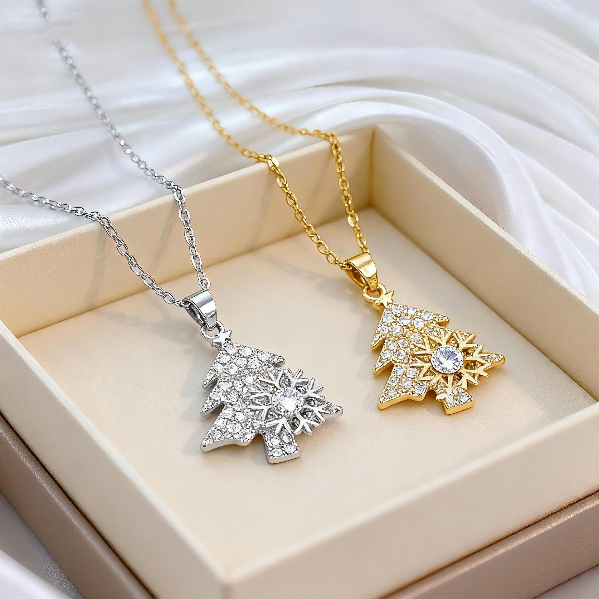 Silvery Rotating snowflake Christmas Tree Pendant Necklace - Titanium Steel view 5