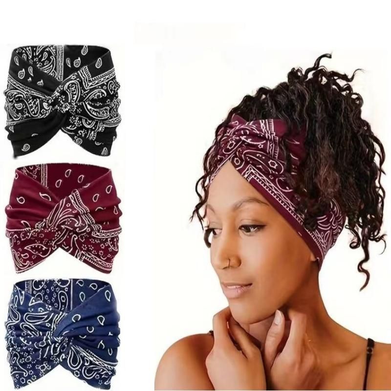 3 Pack Bohemian Paisley Sports Headband （Black and Red and Blue）- Polyester