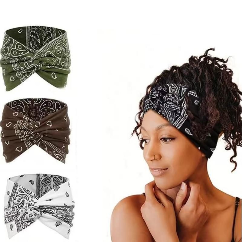 3 Pack Bohemian Paisley Sports Headband（Green and Coffee and White）- Polyester
