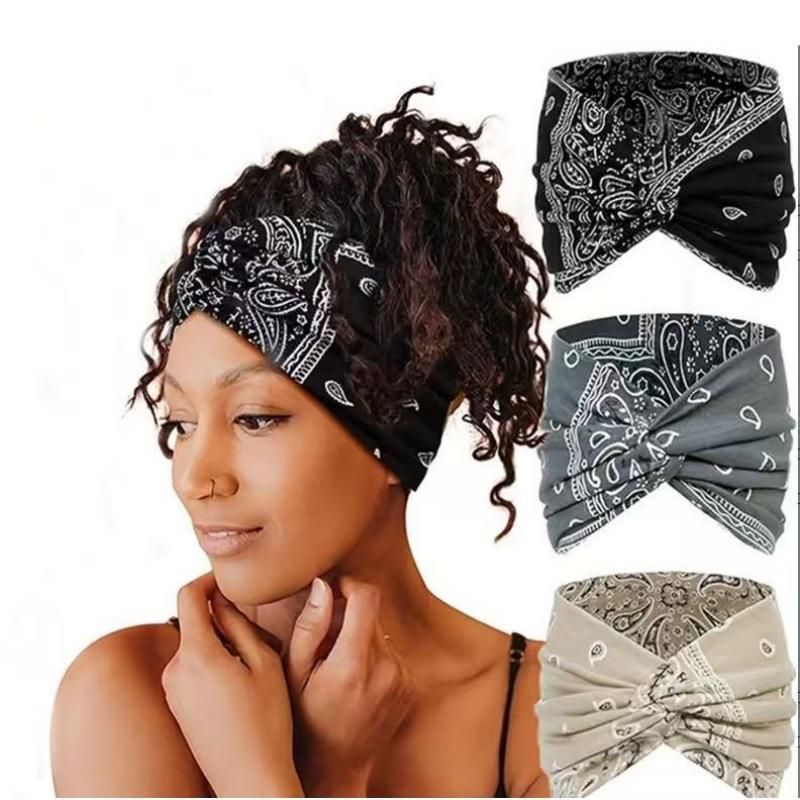 3 Pack Bohemian Paisley Sports Headband（Black and Grey and Beige）- Polyester