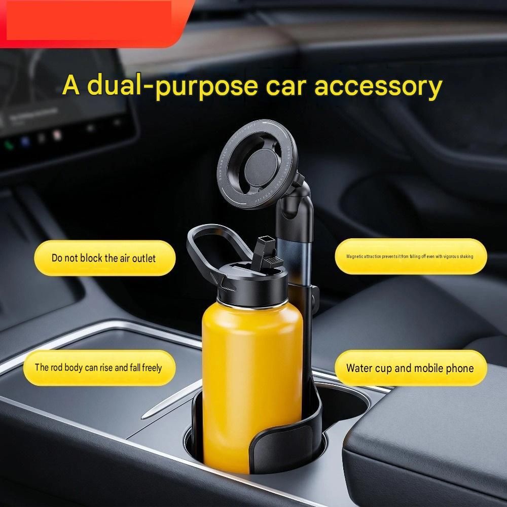 2-in-1 Magnetic Car Cup Holder Phone Mount - Adjustable Height Aluminum Alloy view 2