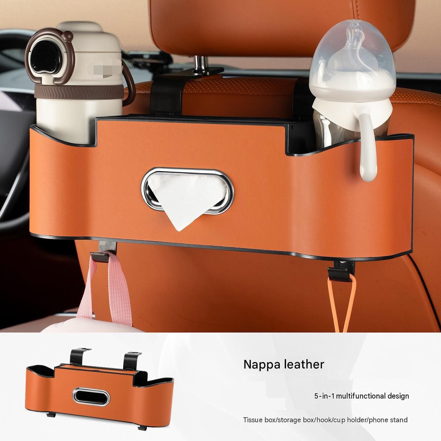 Brown（1 pair）Multifunctional Car Seat Back Organizer - Nappa Leather Tissue view 6