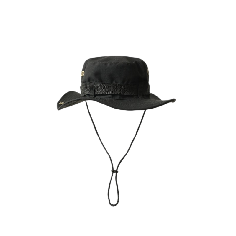 Black Unisex Foldable Outdoor Sun Hat - Polyester Wide Brim Bucket Hat with