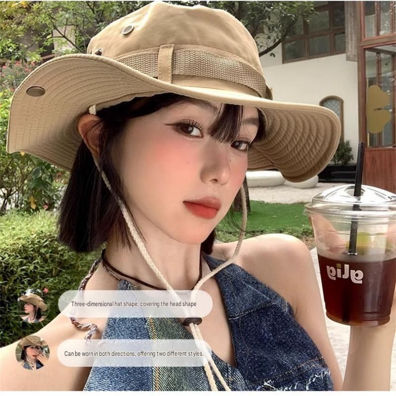 Black Unisex Foldable Outdoor Sun Hat - Polyester Wide Brim Bucket Hat with view 3