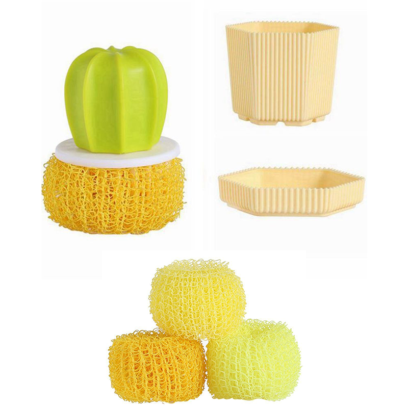 Cactus-shaped nano cleaning brush set with 3 pack yellow replacement heads and