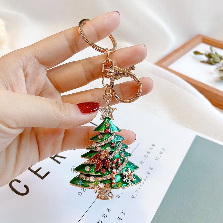 Green Christmas Tree Keychain with Rhinestones - Alloy Bag Charm view 6
