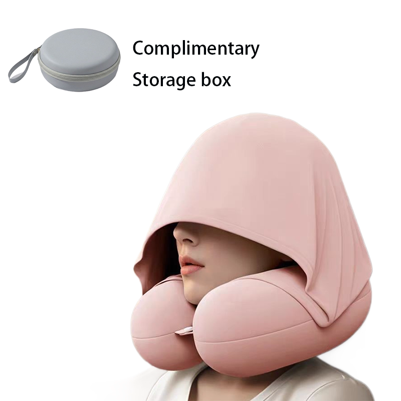 Pink Hooded U-Shape Travel Neck Pillow with Memory Foam（Storage box included）