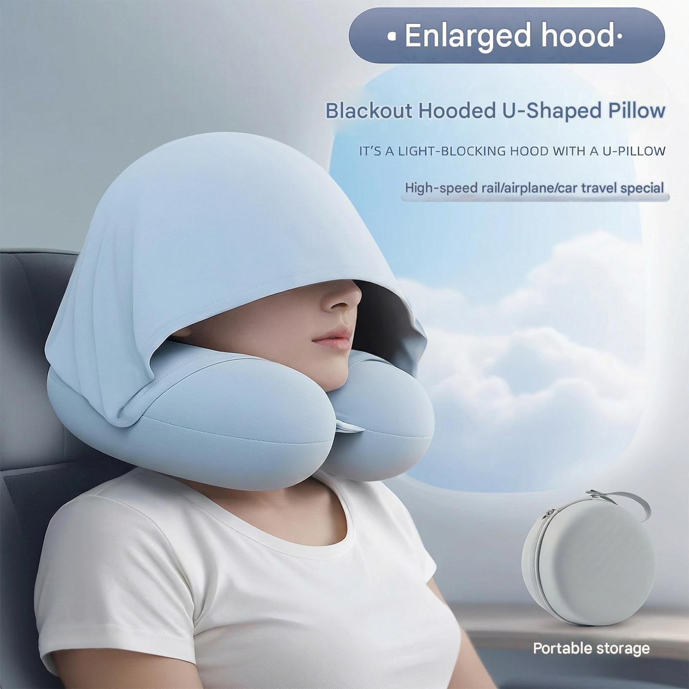 Pink Hooded U-Shape Travel Neck Pillow with Memory Foam（Storage box included） view 2