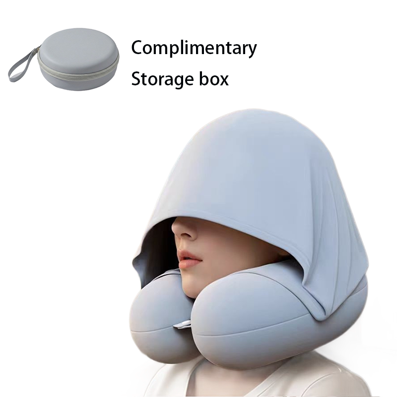 Blue Hooded U-Shape Travel Neck Pillow with Memory Foam（Storage box included）