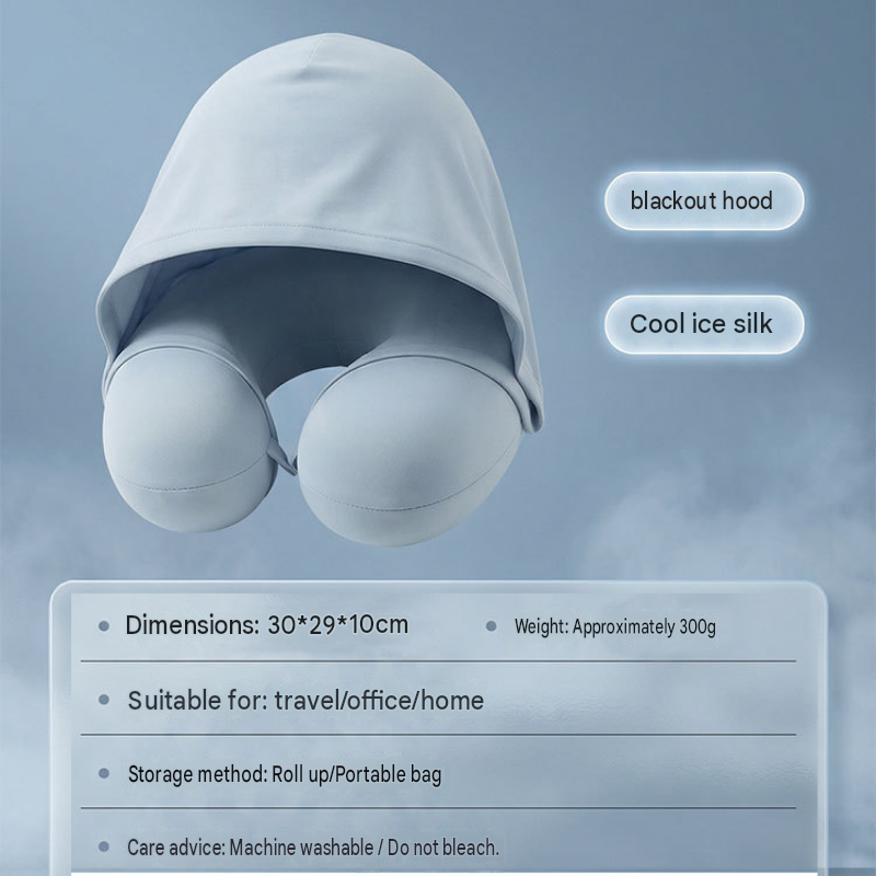 Blue Hooded U-Shape Travel Neck Pillow with Memory Foam（Storage box included） view 8