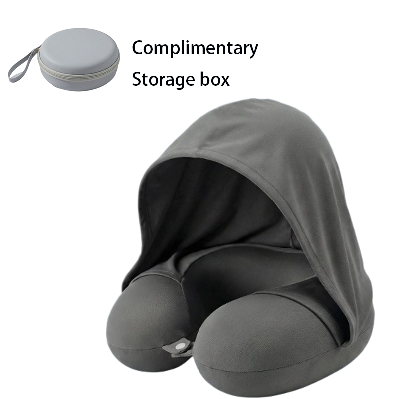 Dark grey Hooded U-Shape Travel Neck Pillow with Memory Foam（Storage box