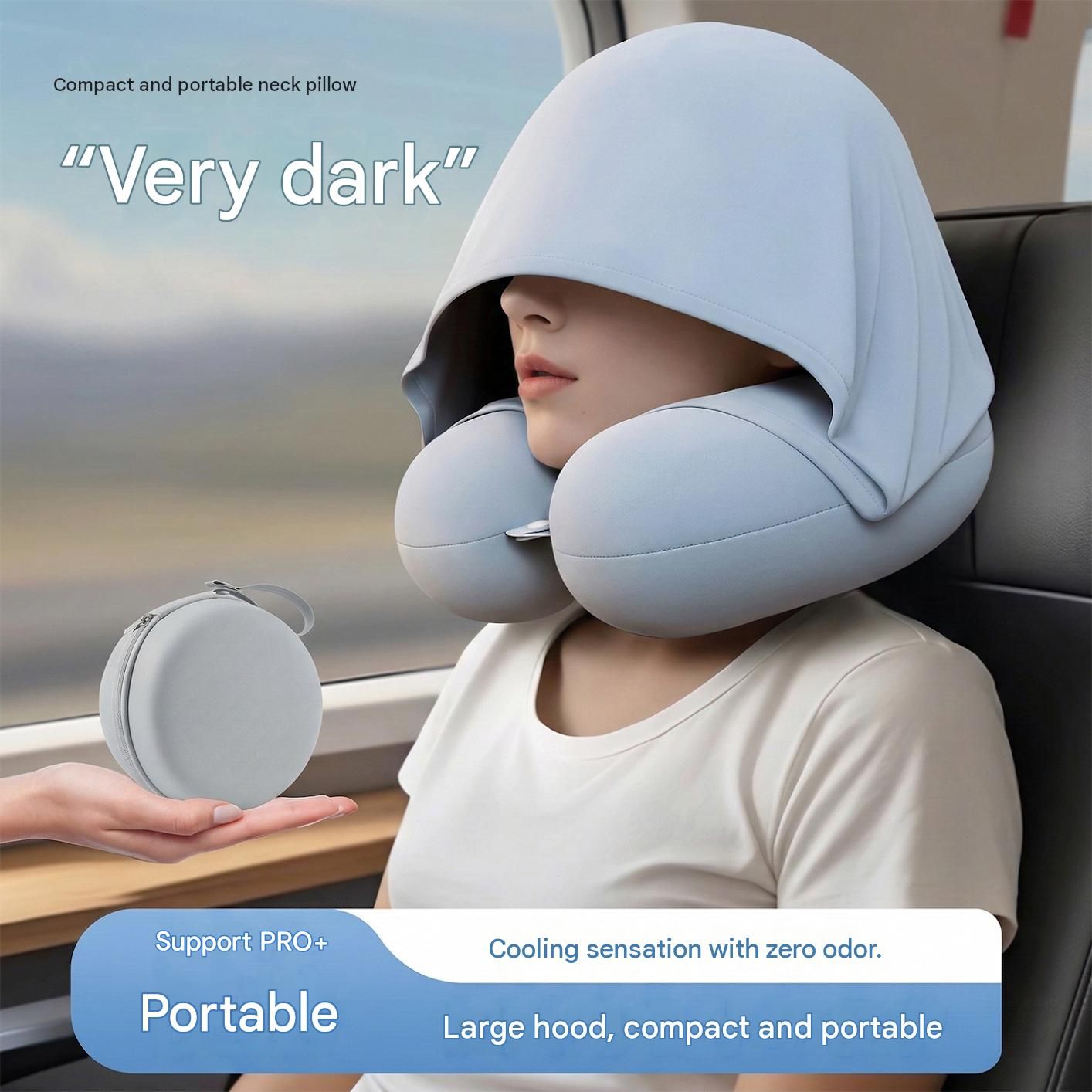 Dark grey Hooded U-Shape Travel Neck Pillow with Memory Foam（Storage box view 4