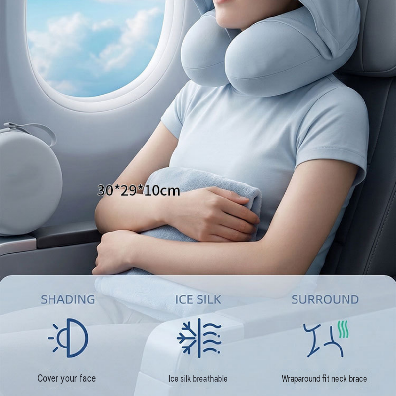 Dark grey Hooded U-Shape Travel Neck Pillow with Memory Foam（Storage box view 7