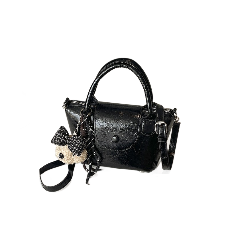 Black Compact PU Leather Crossbody Bag With a pendant- Lightweight Handheld