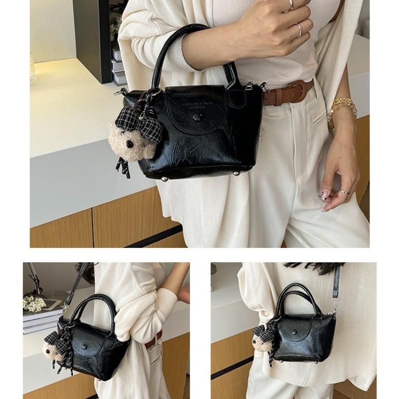 Black Compact PU Leather Crossbody Bag With a pendant- Lightweight Handheld view 7