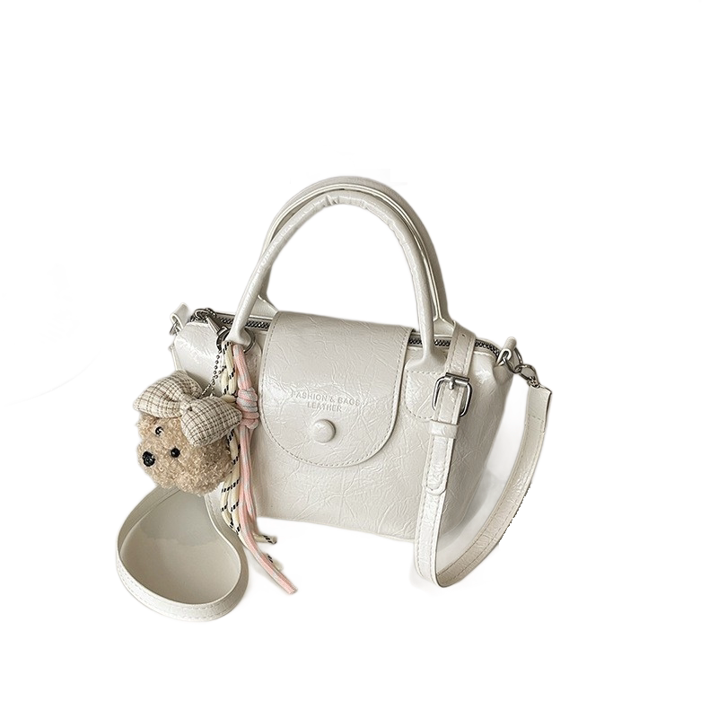 White Compact PU Leather Crossbody Bag With a pendant- Lightweight Handheld