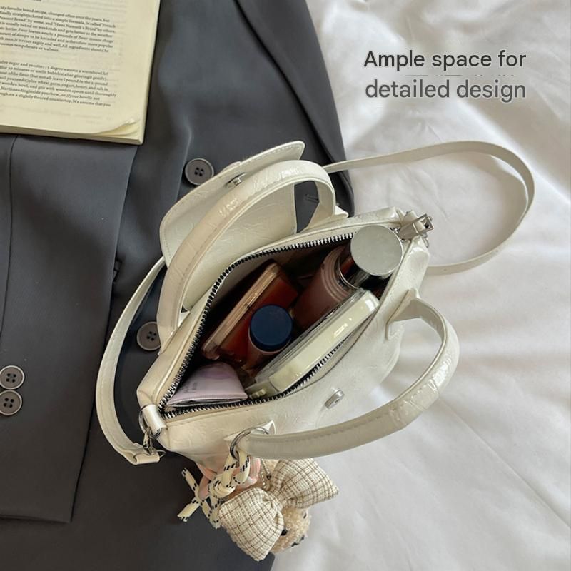 White Compact PU Leather Crossbody Bag With a pendant- Lightweight Handheld view 5