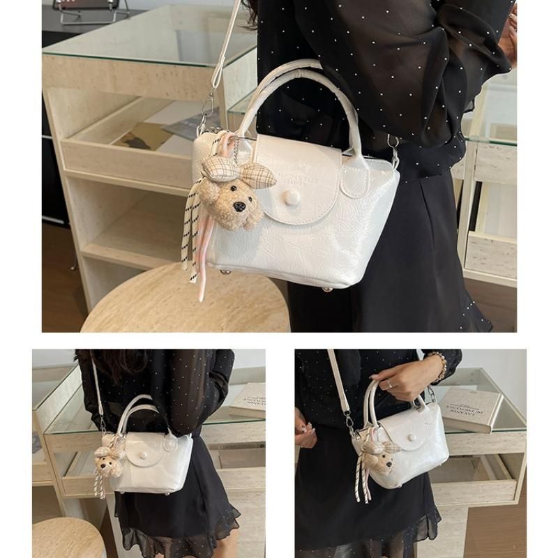 White Compact PU Leather Crossbody Bag With a pendant- Lightweight Handheld view 7