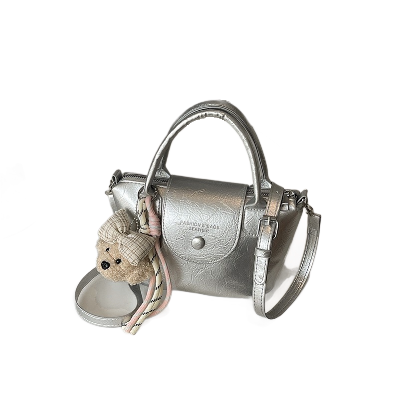 Silvery Compact PU Leather Crossbody Bag With a pendant- Lightweight Handheld
