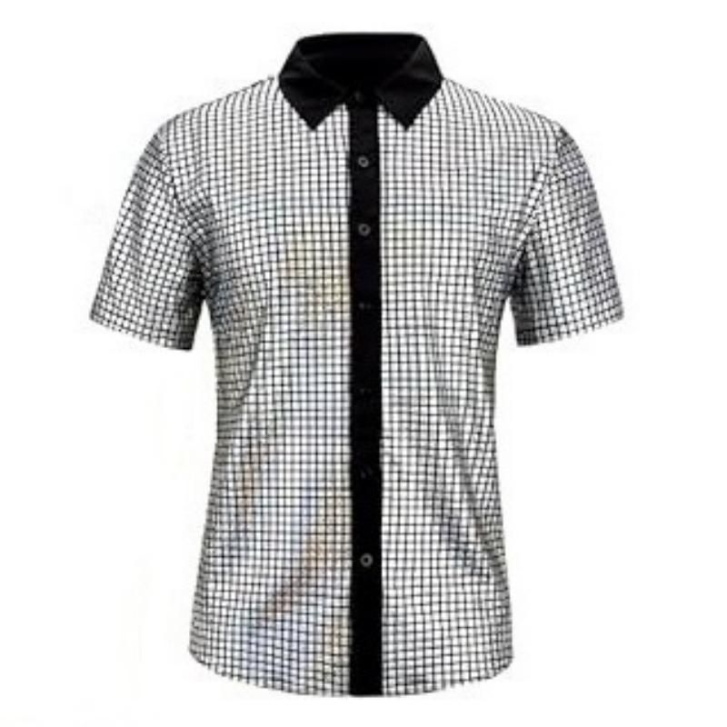 XL size Men's 70s Disco Costume Set - Silvery Plaid shirt with Black Bell view 2