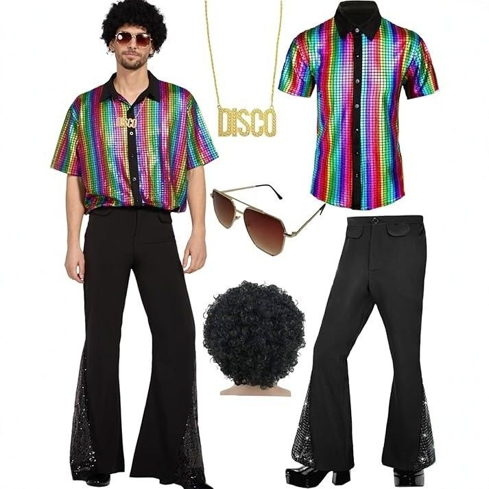 XL size Men's 70s Disco Costume Set - Colorful Plaid shirt with Black Bell