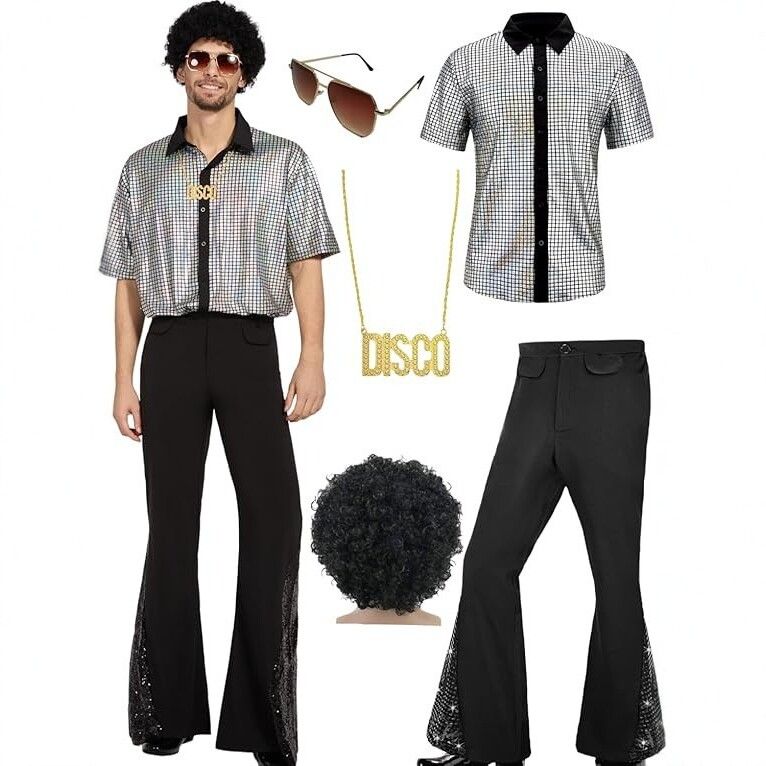S size Men's 70s Disco Costume Set - Silvery Plaid shirt with Black Bell