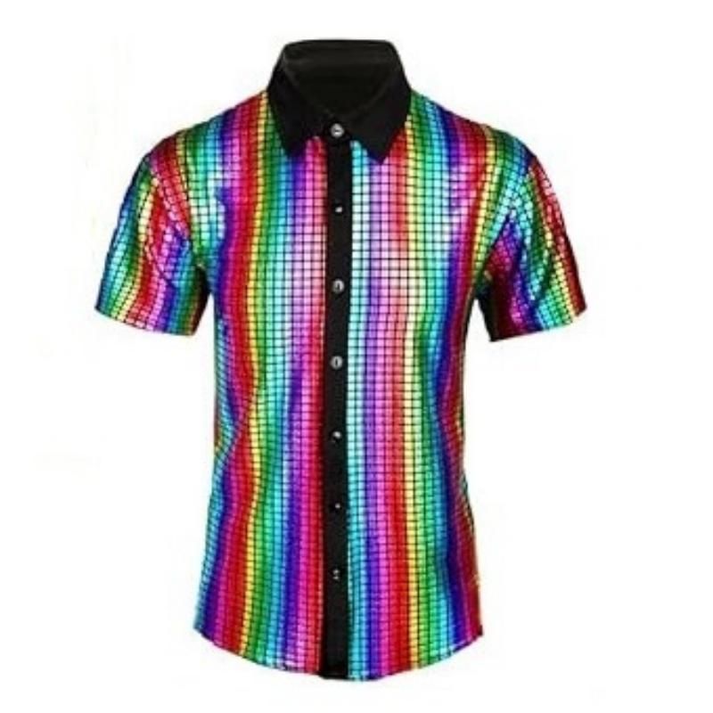 S size Men's 70s Disco Costume Set - Colorful Plaid shirt with Black Bell view 2