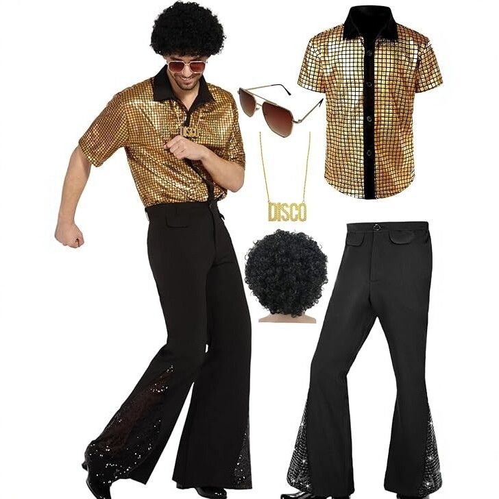 M size Men's 70s Disco Costume Set - Gold Plaid shirt with Black Bell Bottom