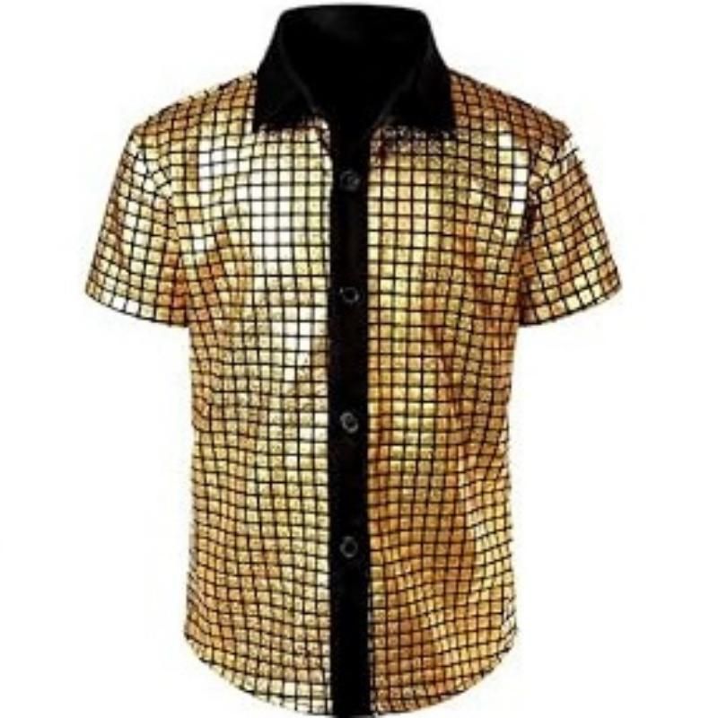 L size Men's 70s Disco Costume Set - Gold Plaid shirt with Black Bell Bottom view 2