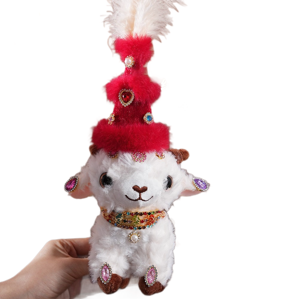Sheep-shaped design Plush Keychain(Red pointed hat + three-strand diamond — image 1