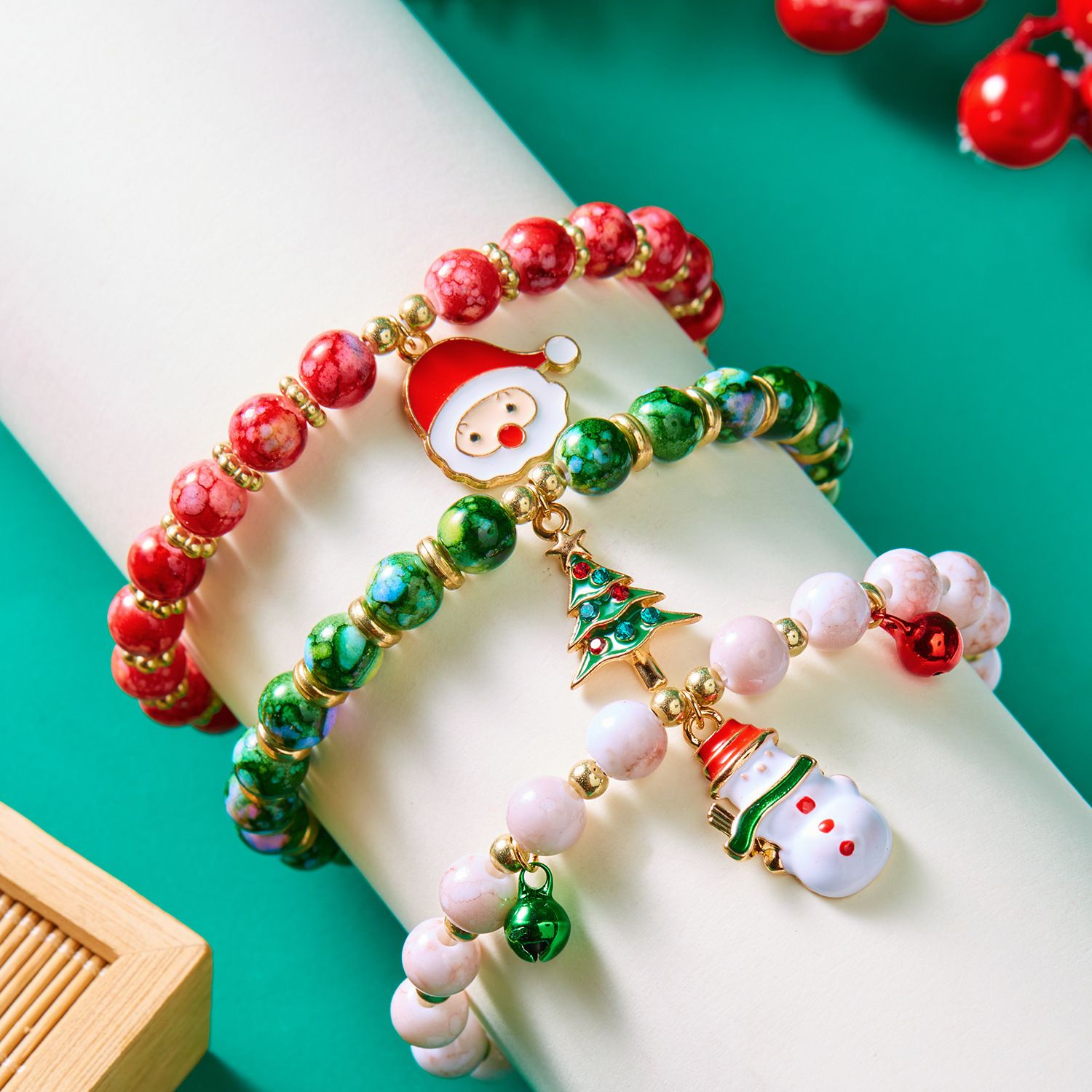 3-Pack Style 1 Christmas Charm Beaded Bracelet Set - Festive Alloy and Acrylic view 2