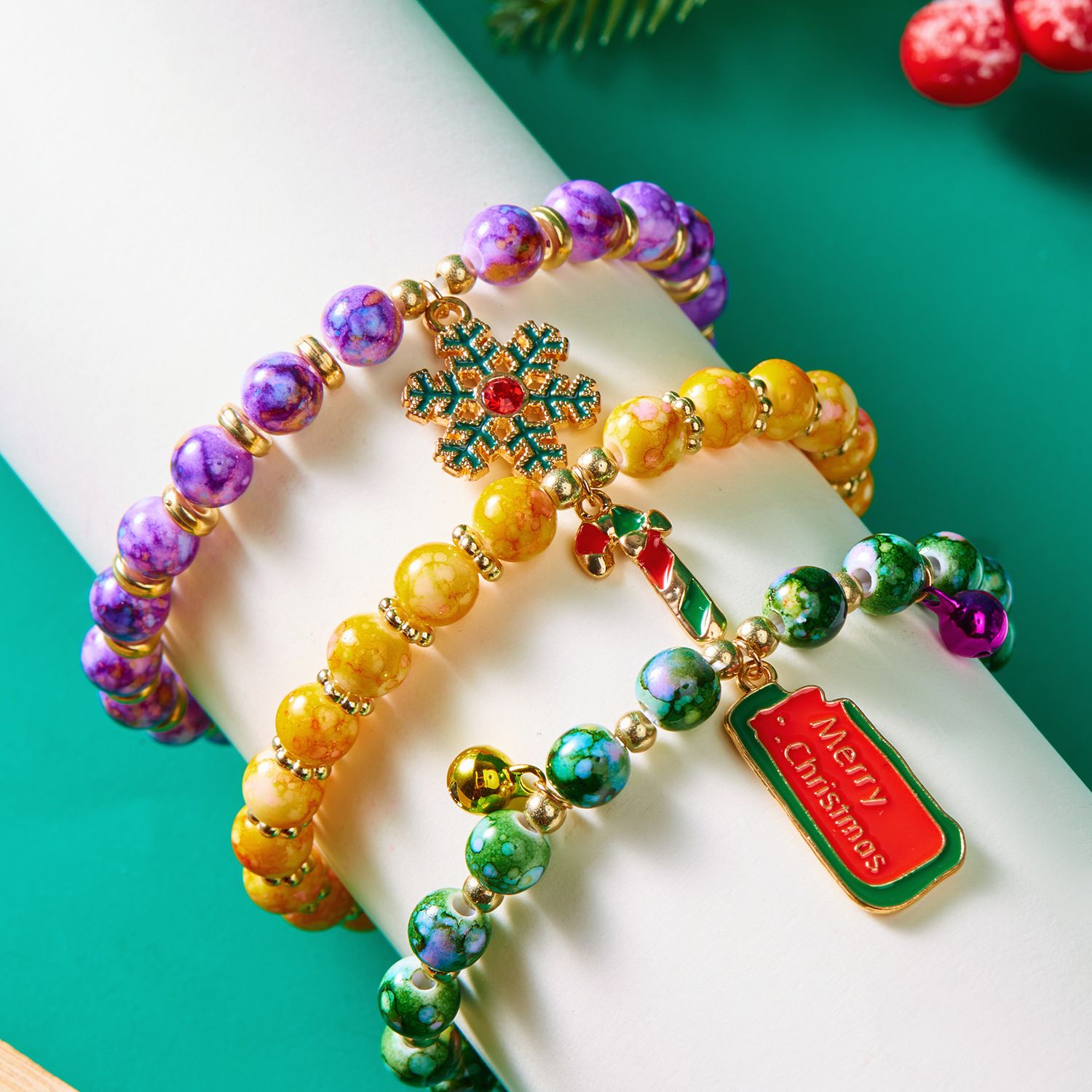 3-Pack Style 3 Christmas Charm Beaded Bracelet Set - Festive Alloy and Acrylic view 2