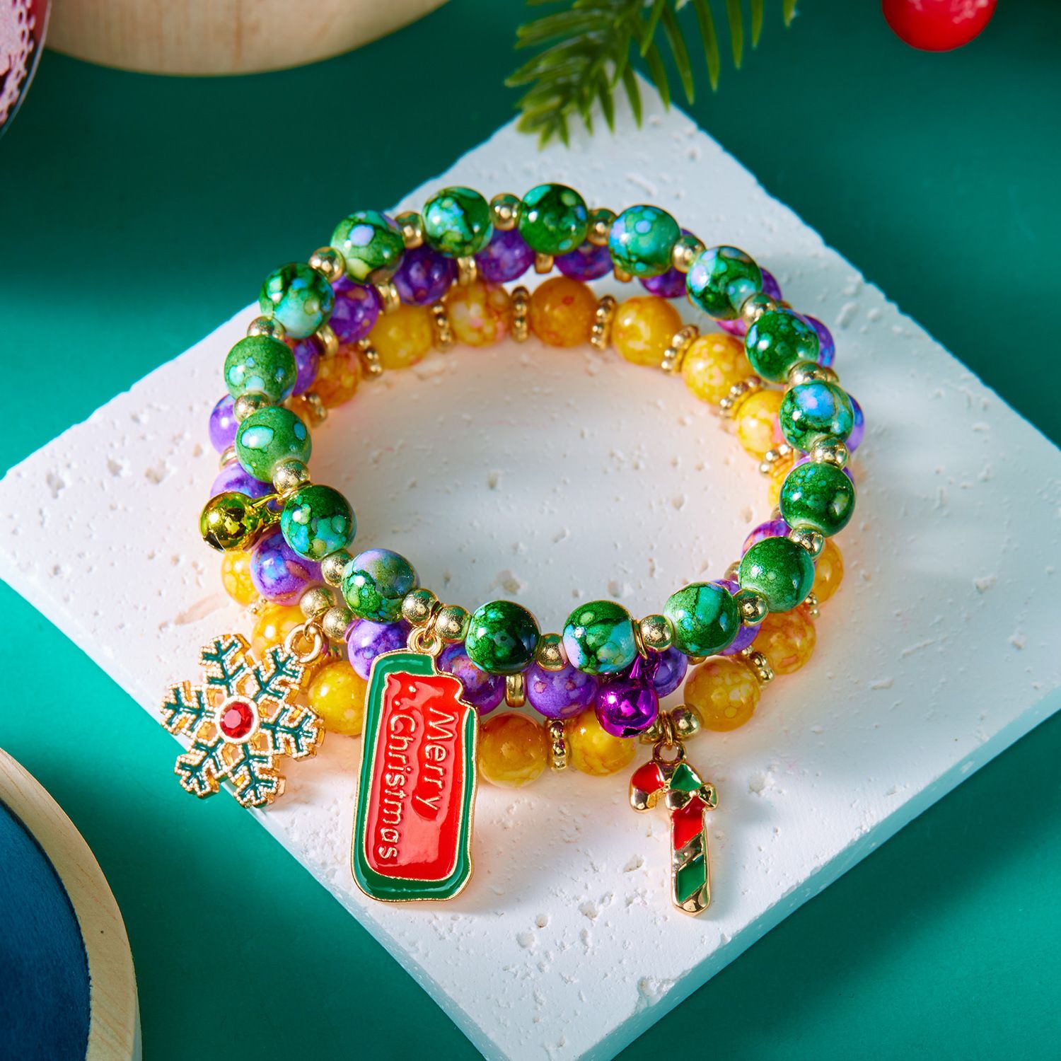 3-Pack Style 3 Christmas Charm Beaded Bracelet Set - Festive Alloy and Acrylic view 4