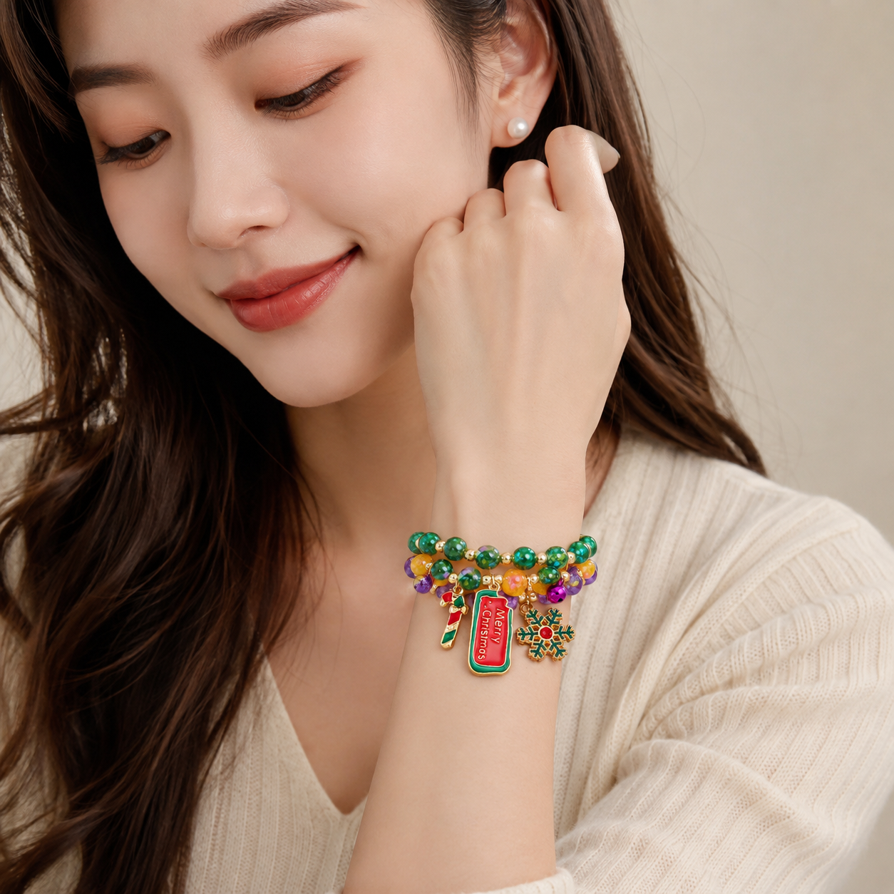 3-Pack Style 3 Christmas Charm Beaded Bracelet Set - Festive Alloy and Acrylic view 5
