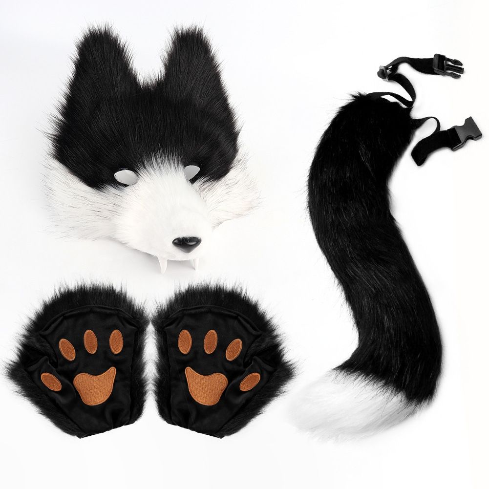 Black-White Furry Animal Cosplay Half Suit Set - Fox Mask with Detachable Fangs