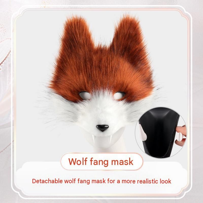 Black-White Furry Animal Cosplay Half Suit Set - Fox Mask with Detachable Fangs view 3