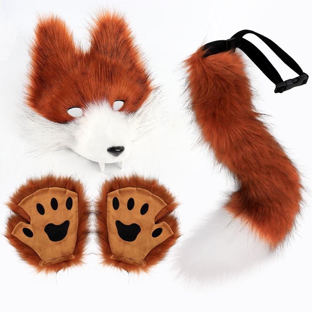 Orange-White Furry Animal Cosplay Half Suit Set - Fox Mask with Detachable Fangs