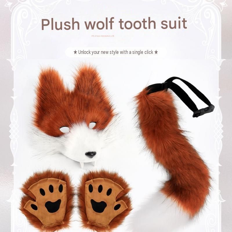 Orange-White Furry Animal Cosplay Half Suit Set - Fox Mask with Detachable Fangs view 2