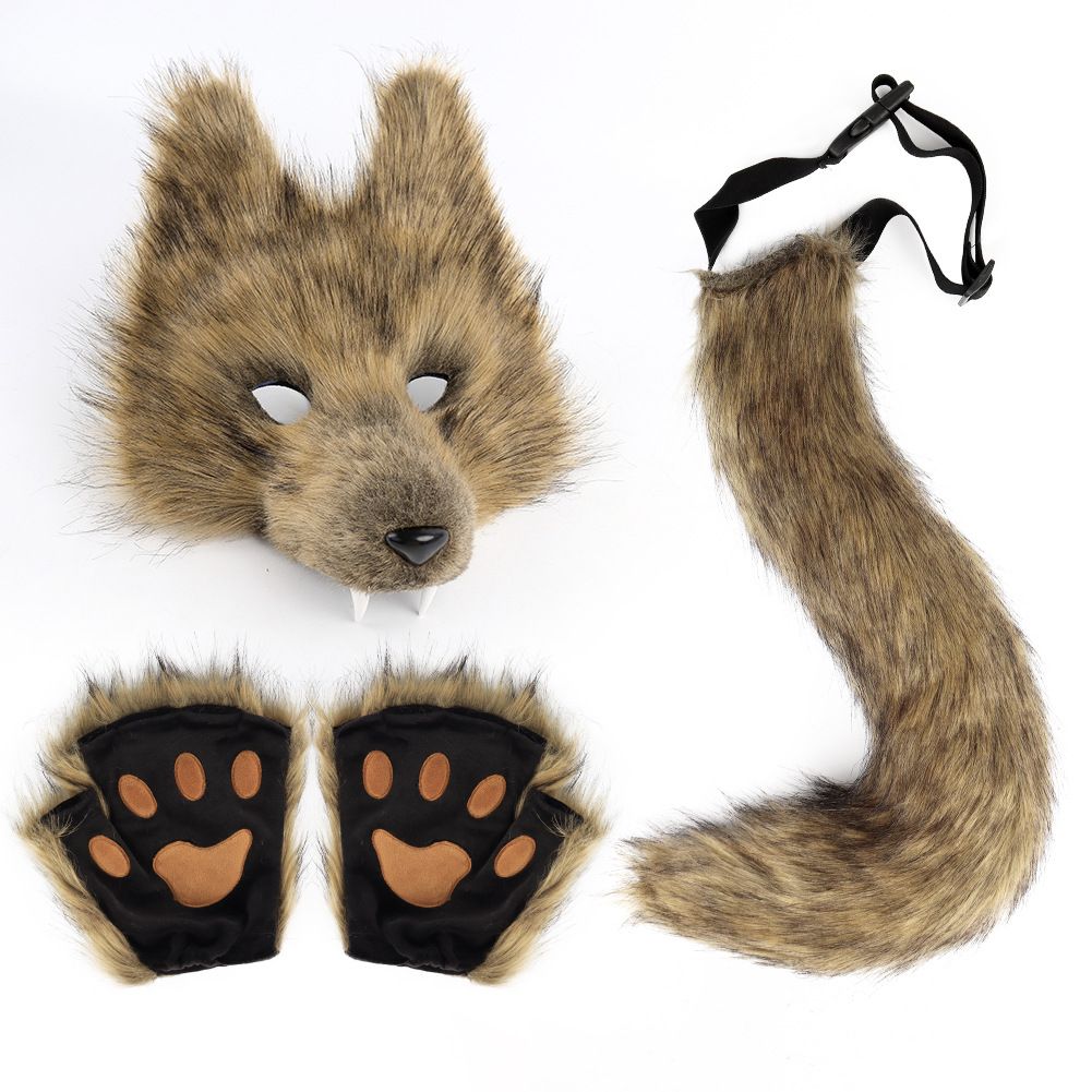 Straw-yellow Furry Animal Cosplay Half Suit Set - Fox Mask with Detachable Fangs