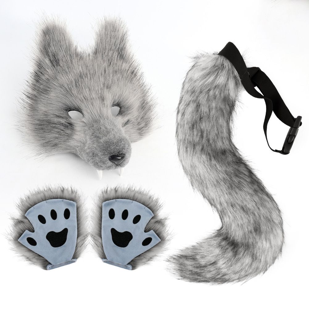 Grey Furry Animal Cosplay Half Suit Set - Fox Mask with Detachable Fangs
