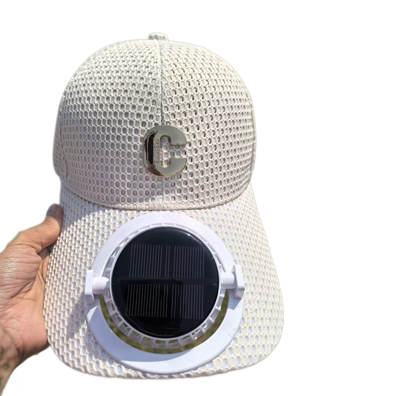 Beige Solar Powered Fan Hat - Breathable Mesh Cap with USB Rechargeable