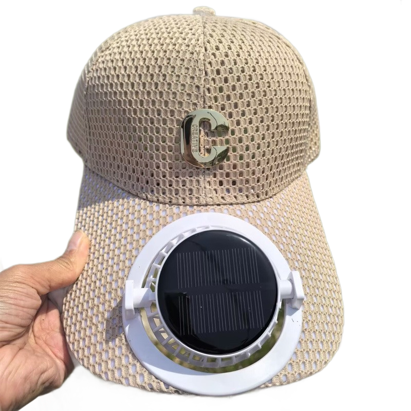 Khaki Solar Powered Fan Hat - Breathable Mesh Cap with USB Rechargeable